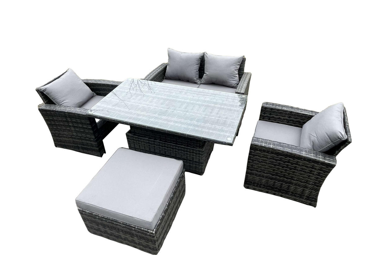 GARTENMÖBEL-SET HÖHENVERSTELLBARER ESSTISCH SESSEL SOFA MIT HOCKER Polyrattan Dunkelgrau Gemischt 5-Sitzer - Dunkelgrau, Metall - Fimous