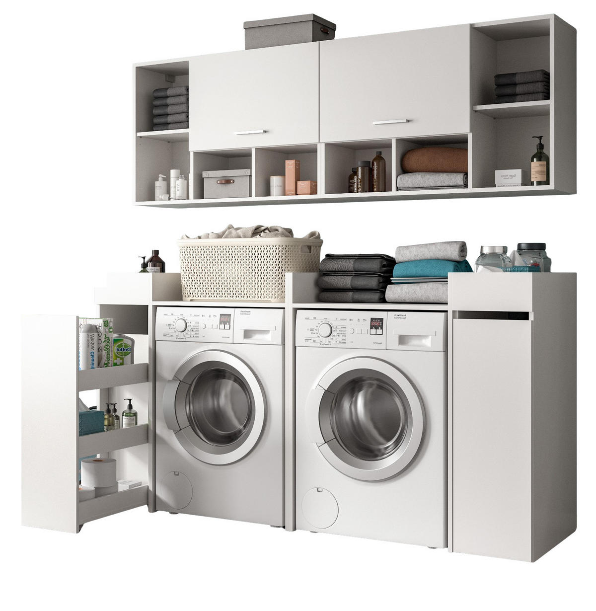 WASCHMASCHINENSCHRANK weiß Set 6-teilig 190 cm, Waschmaschinenumbau mit Stauraum - Silberfarben/Weiß, Glas/Holzwerkstoff (190/195/60cm) - Inn.Furn