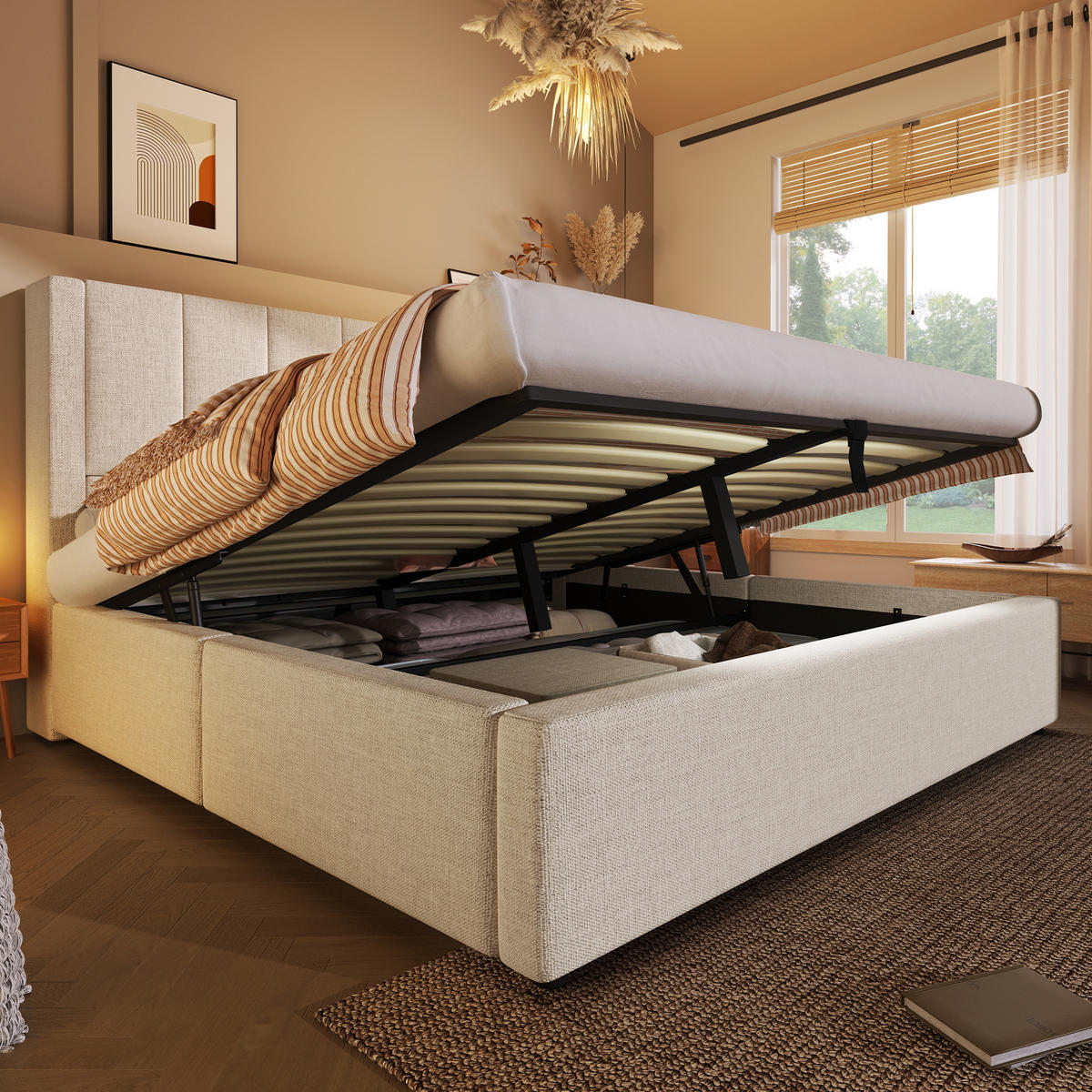 POLSTERBETT 160/200 cm Beige mit Stauraum und integrierter Ladestation mit Matratze aus Leinen - Beige, Textil (160/200cm) - OKWISH