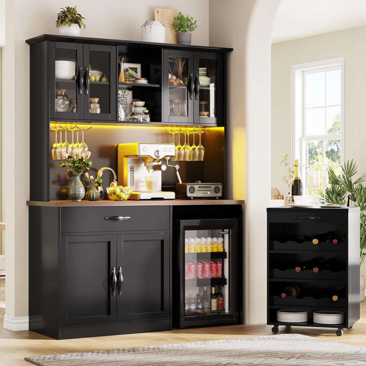 KÜCHENSCHRANK 140Cm LED Rollwagen Weinregal Glas - Schwarz, Holzwerkstoff (140/180/38cm) - FLIEKS