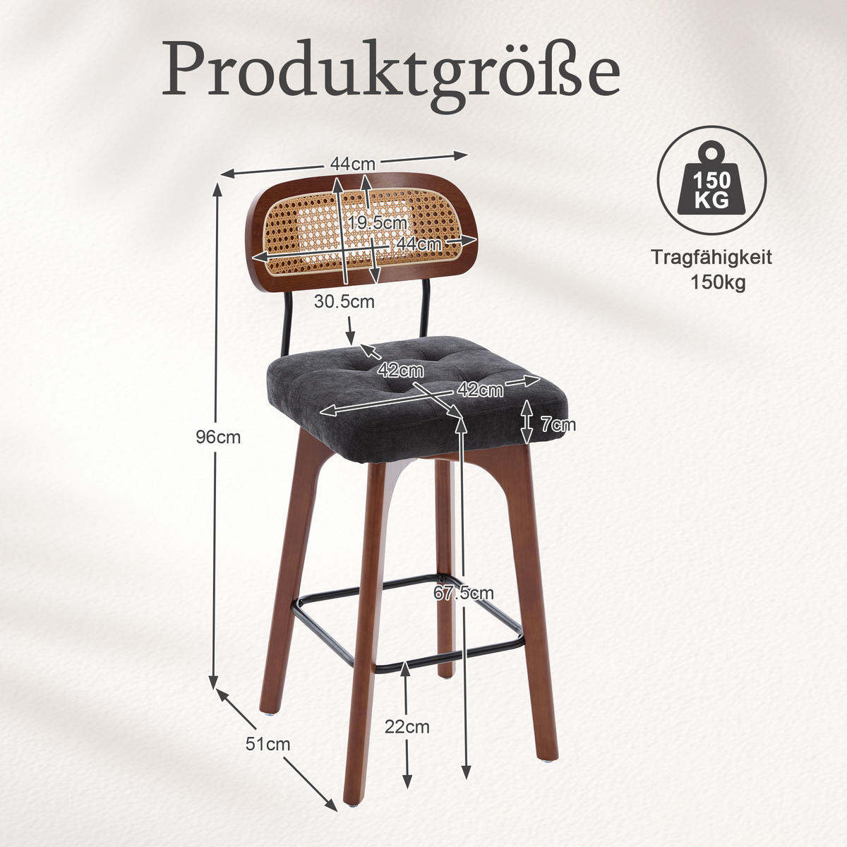 BARHOCKER 2er Set, 360° drehbar, Wiener Geflecht/Chenille, 67,5cm Sitzhöhe,Schwarz - Wildeiche/Schwarz, Holz/Textil (44/96/51cm) - LVHOM
