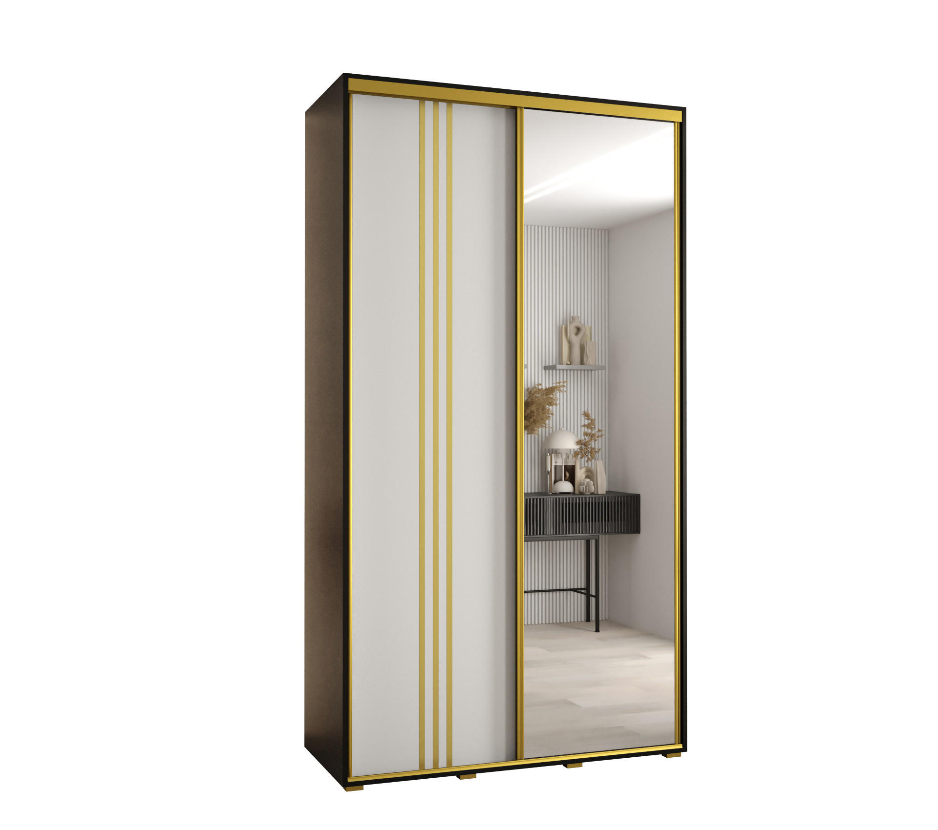 Abiks Möbel Schwebetürenschrank Schwarz, Weiß, Gold 140x235x45 cm