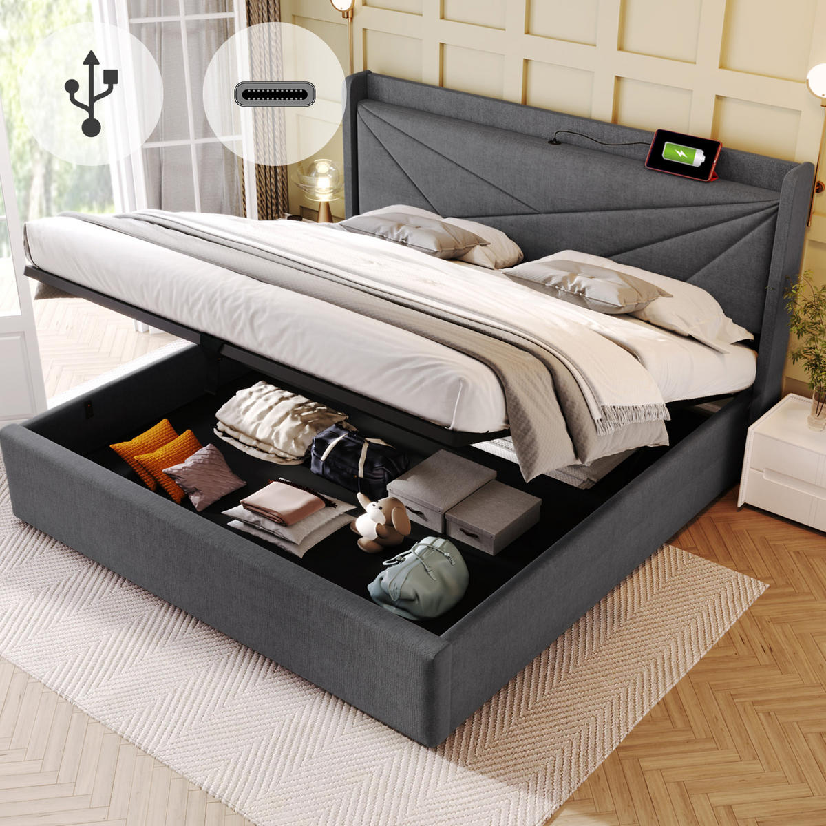POLSTERBETT 160/200 cm Grau aus Baumwolle und Leinen mit Bettkasten und USB Typ-C - Grau, Textil (160/200cm) - OKMYHOME