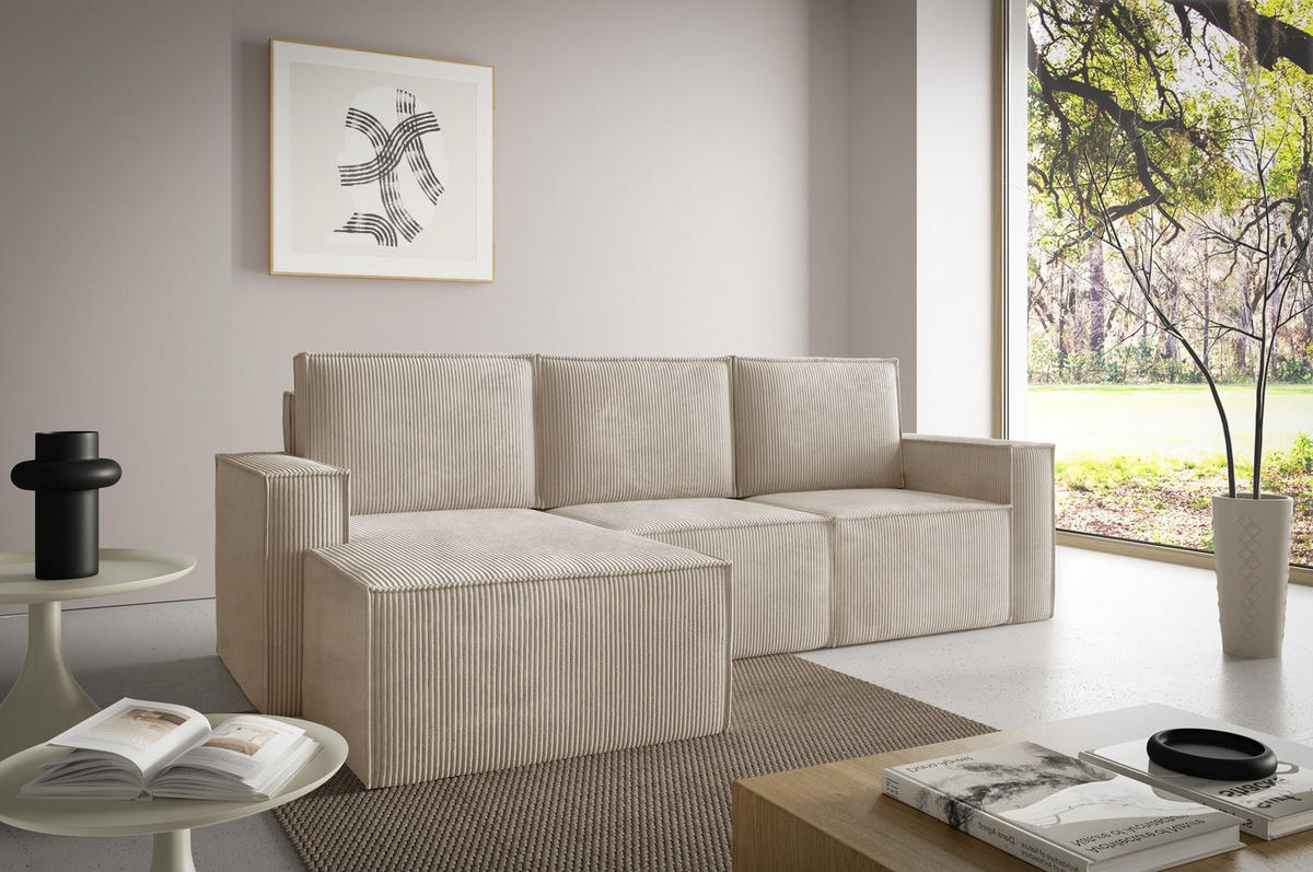 ECKSOFA Orto Hellbraun, Dreisitzer Kordecksofa linke seite - Hellbraun, Holzwerkstoff/Textil (180/142cm) - Bettso