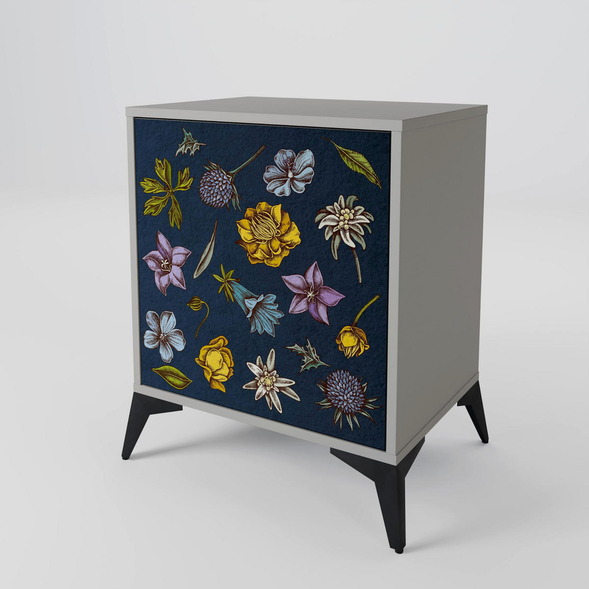 SIDEBOARD FLOWERS ON NAVY BLUE, Grau, 57,5x42x67,5 cm, Schwarze Metall-Rahmenfüße - Multicolor/Schwarz, Holzwerkstoff/Metall (57.5/67.5/42cm) - SpaceRebels