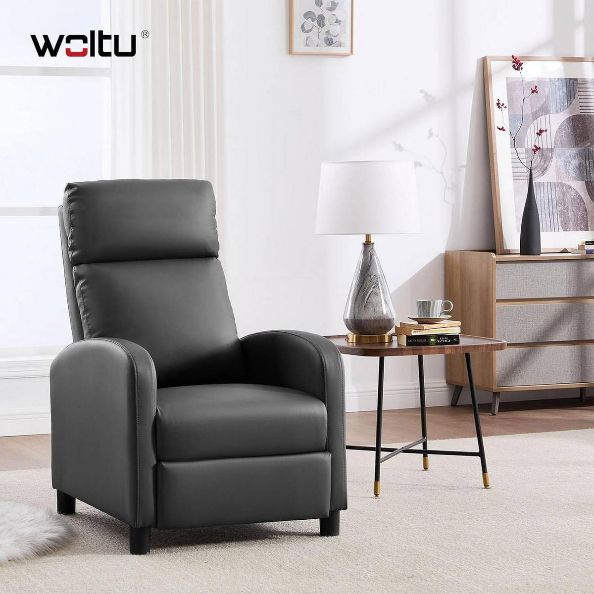 RELAXSESSEL mit Liegefunktion, Kunstleder, Grau - Schwarz/Grau, Kunststoff/Textil (65.5/102/89cm) - Woltu