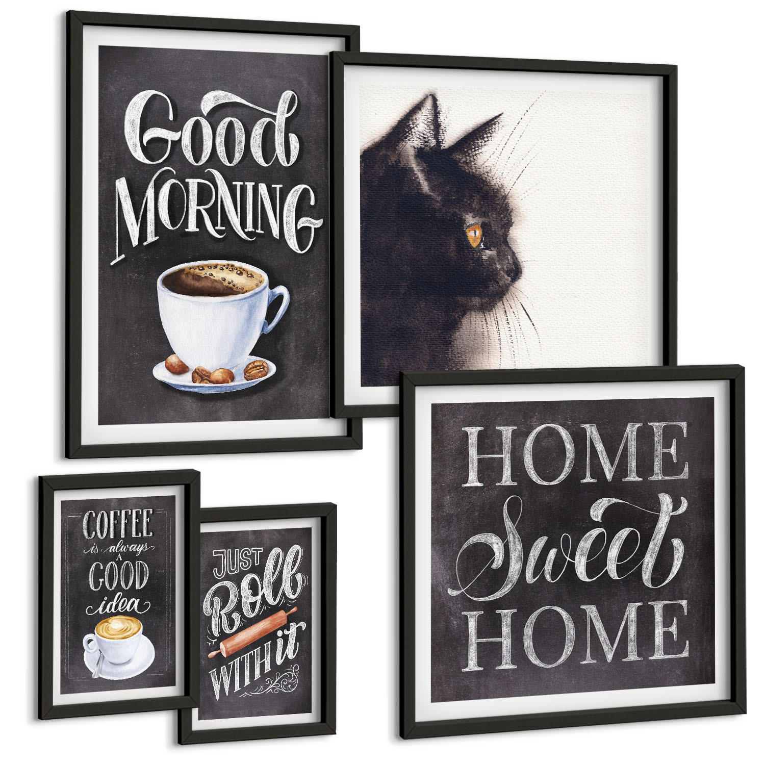 BILDER SET 5er Set - 50x50 cm & 20x30 cm & 40x60 cm Schwarzer Rahmen - Hausküchenthemen Katze - Schwarz, Kunststoff (40/60cm) - TULUP