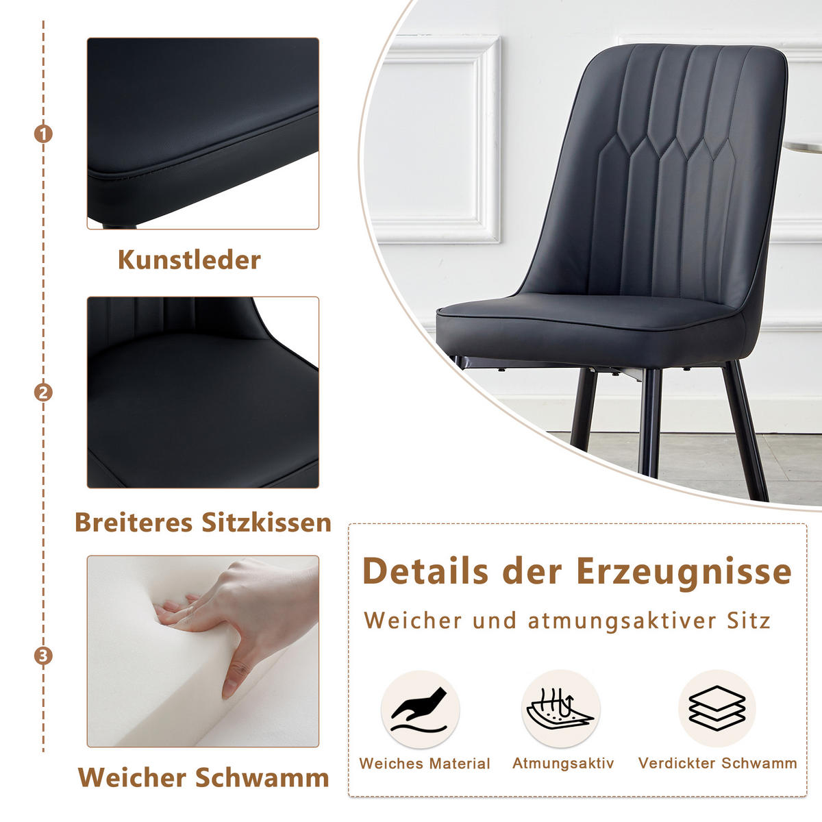 STUHL-SET DE-36511 2 Stück mit PU-Bezug und Metallbeinen Schwarz - Schwarz, Metall (41.5/89/43cm) - ComfortXL