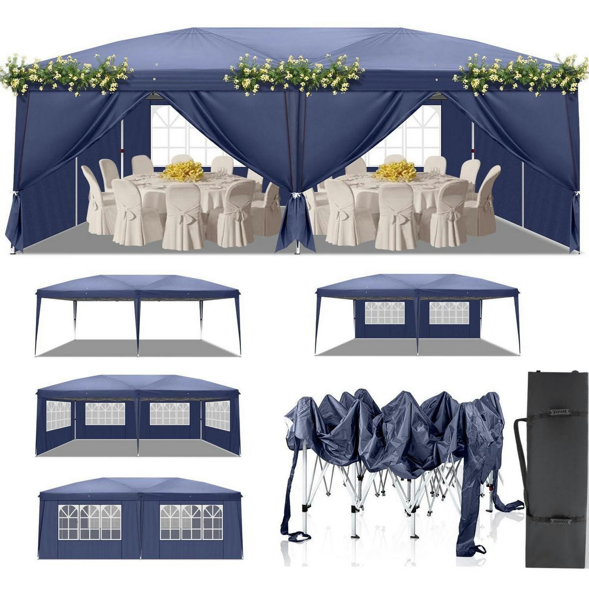FALTPAVILLON 3x6m Wasserdicht mit 6 Seitenteilen Blau - Blau, Textil (300/268/600cm)