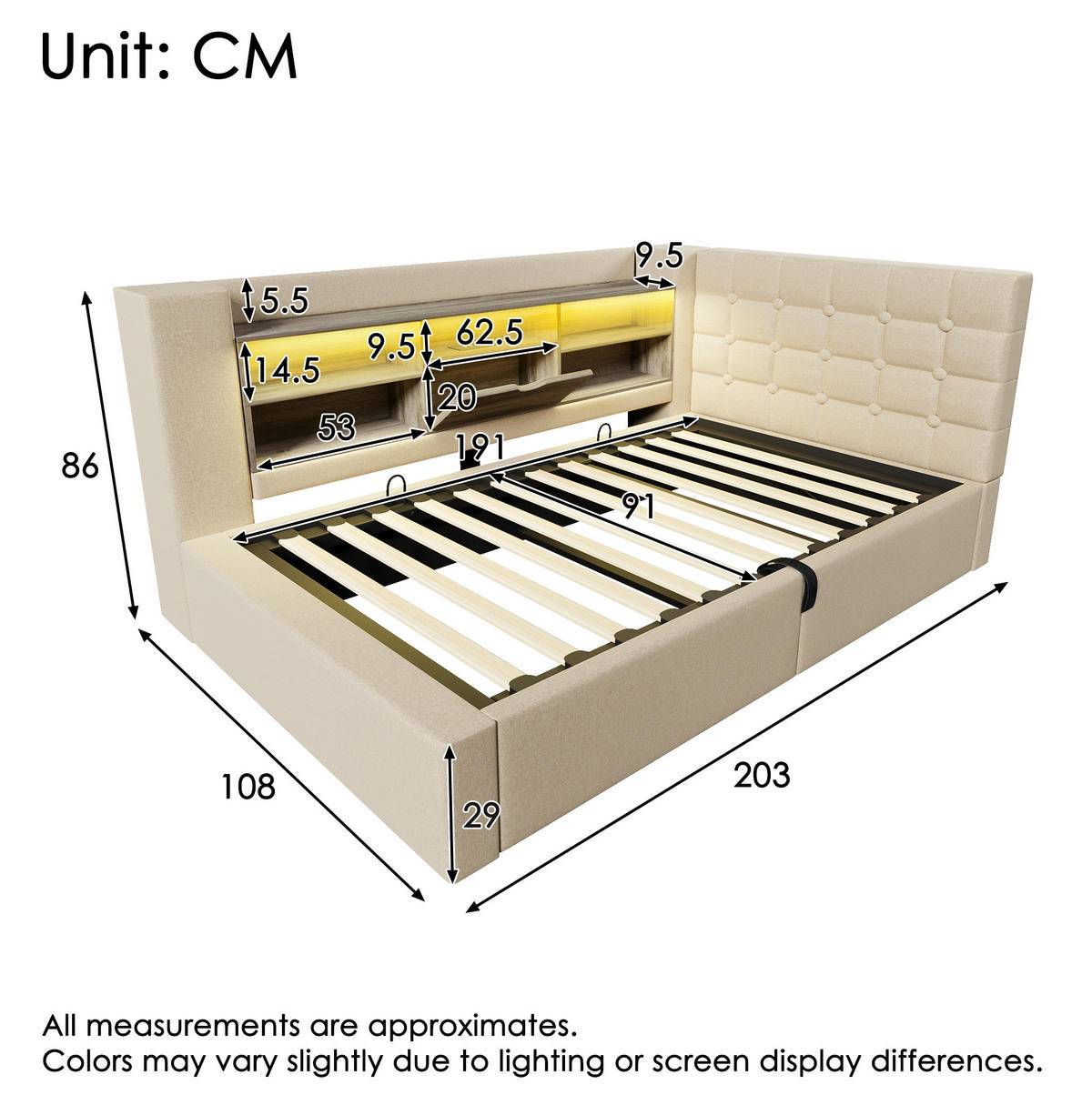 POLSTERBETT 90/190 cm Beige aus Leinen mit LED-Beleuchtung und Stauraum - Beige, Textil (90/190cm) - OKMYHOME