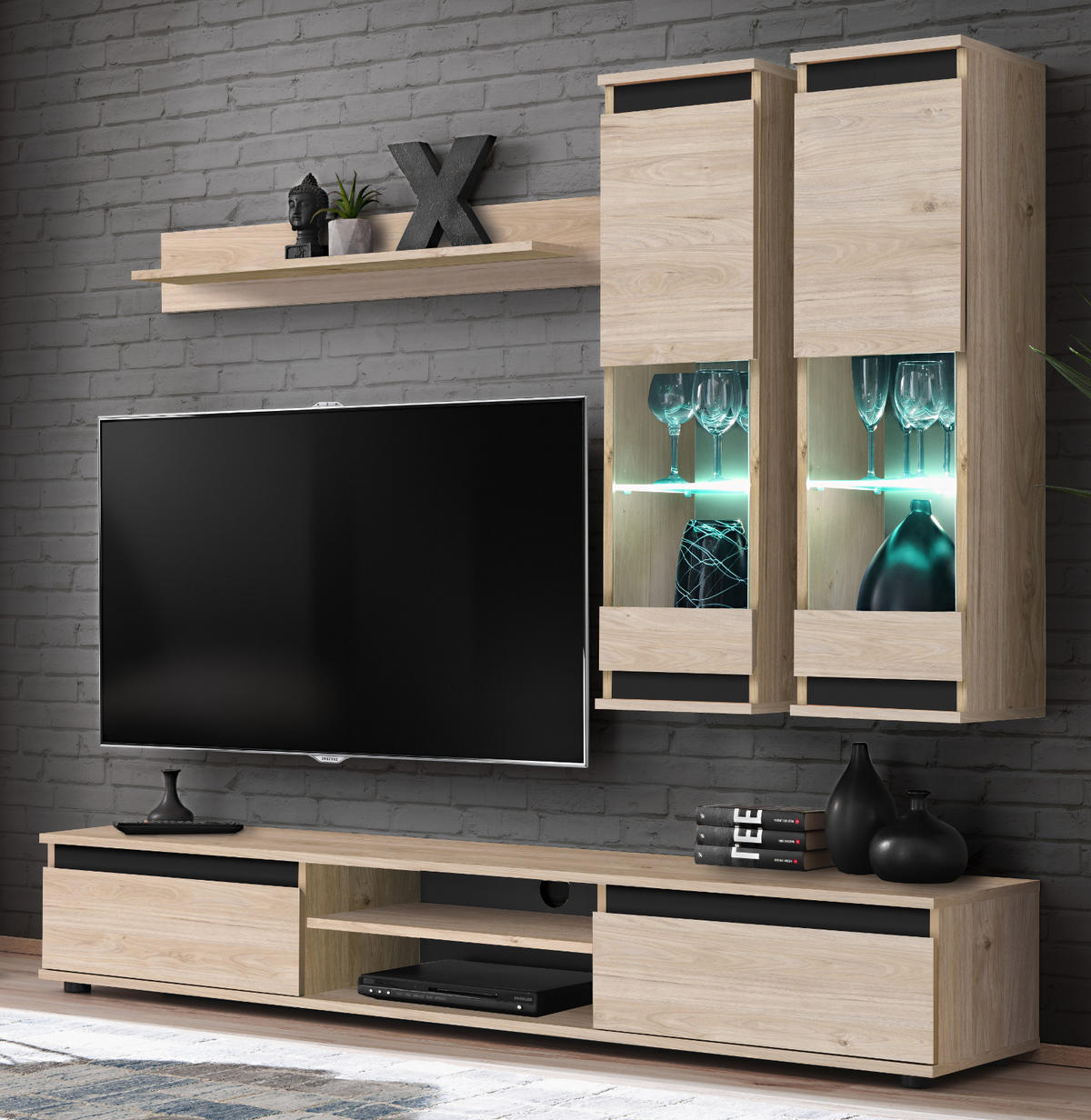 WOHNWAND Eiche Hickory, schwarz 4-teilig 175 cm, Schrankwand mit LED-Beleuchtung - Eichefarben/Schwarz, Glas/Holzwerkstoff (175/150/37cm) - Inn.Furn