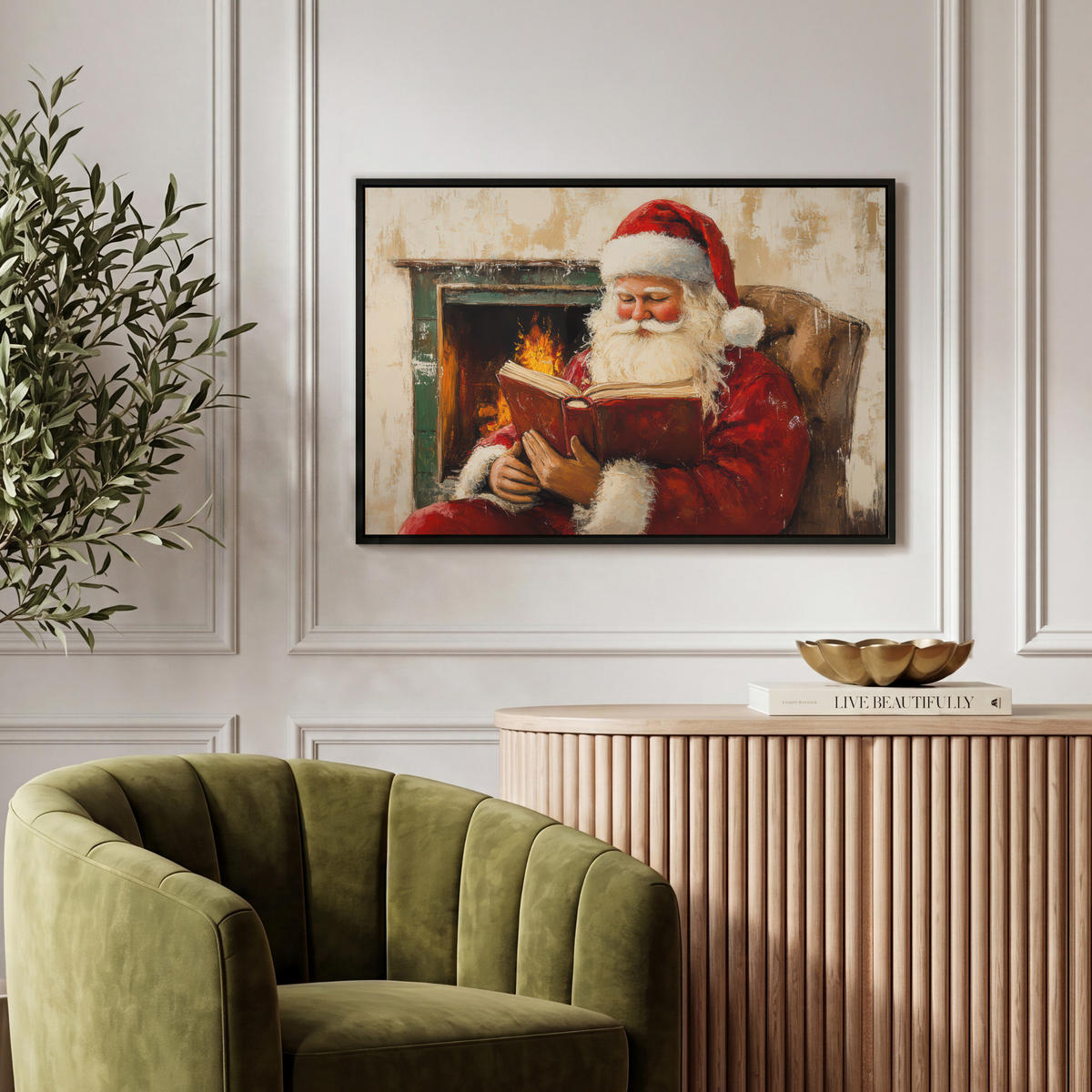 LEINWAND Bilder mit Rahmen - Weihnachten - Weihnachtsmann - Winter - Open Fireside - 60x40 - Dunkelrot, Textil (60/40cm) - MuchoWow