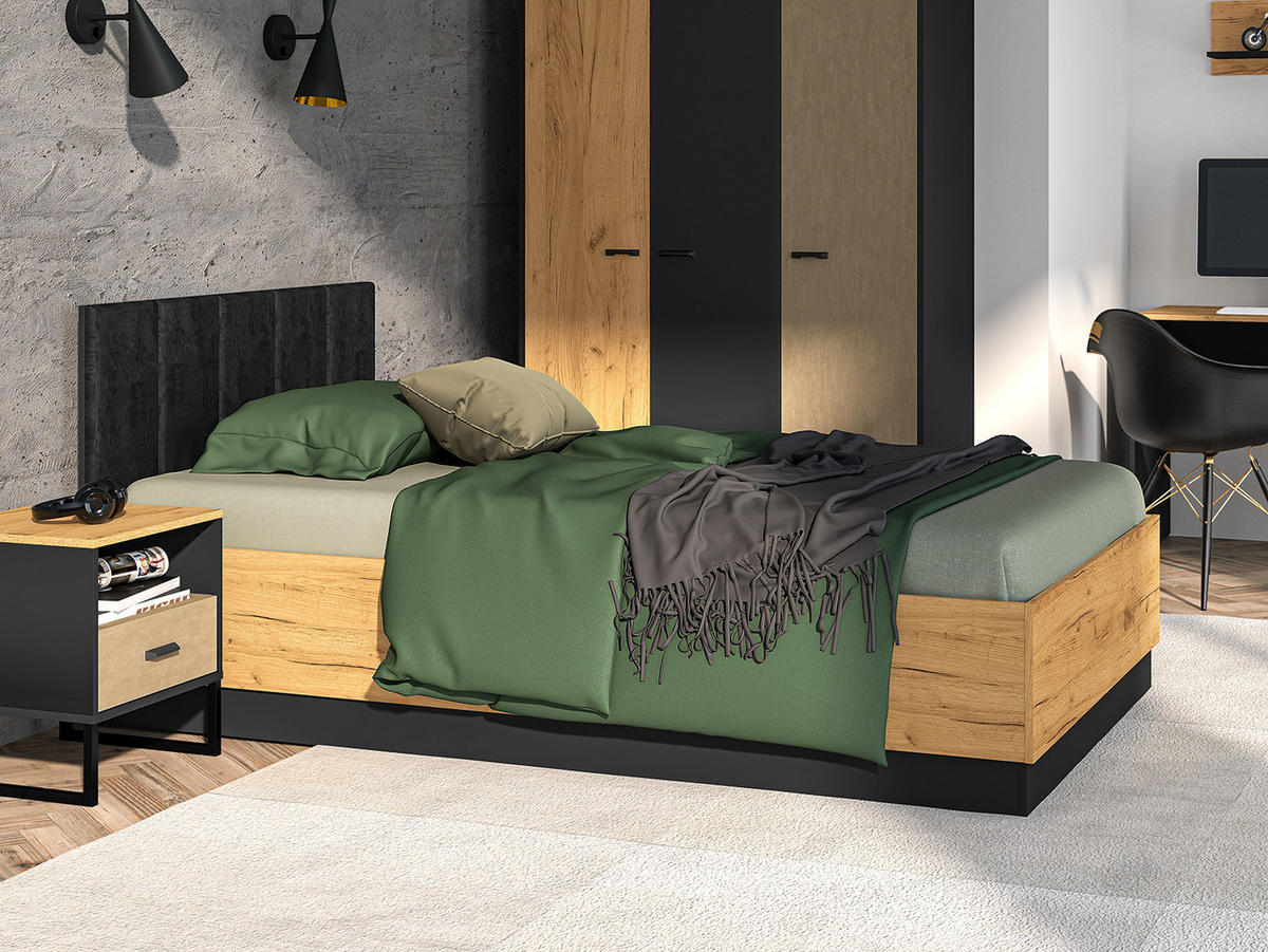 BETT Colt schwarz / Craft Gold Eiche 126 / 208 / 90cm - Braun, Holz/Holzwerkstoff (120/200cm) - Feldmann-Wohnen