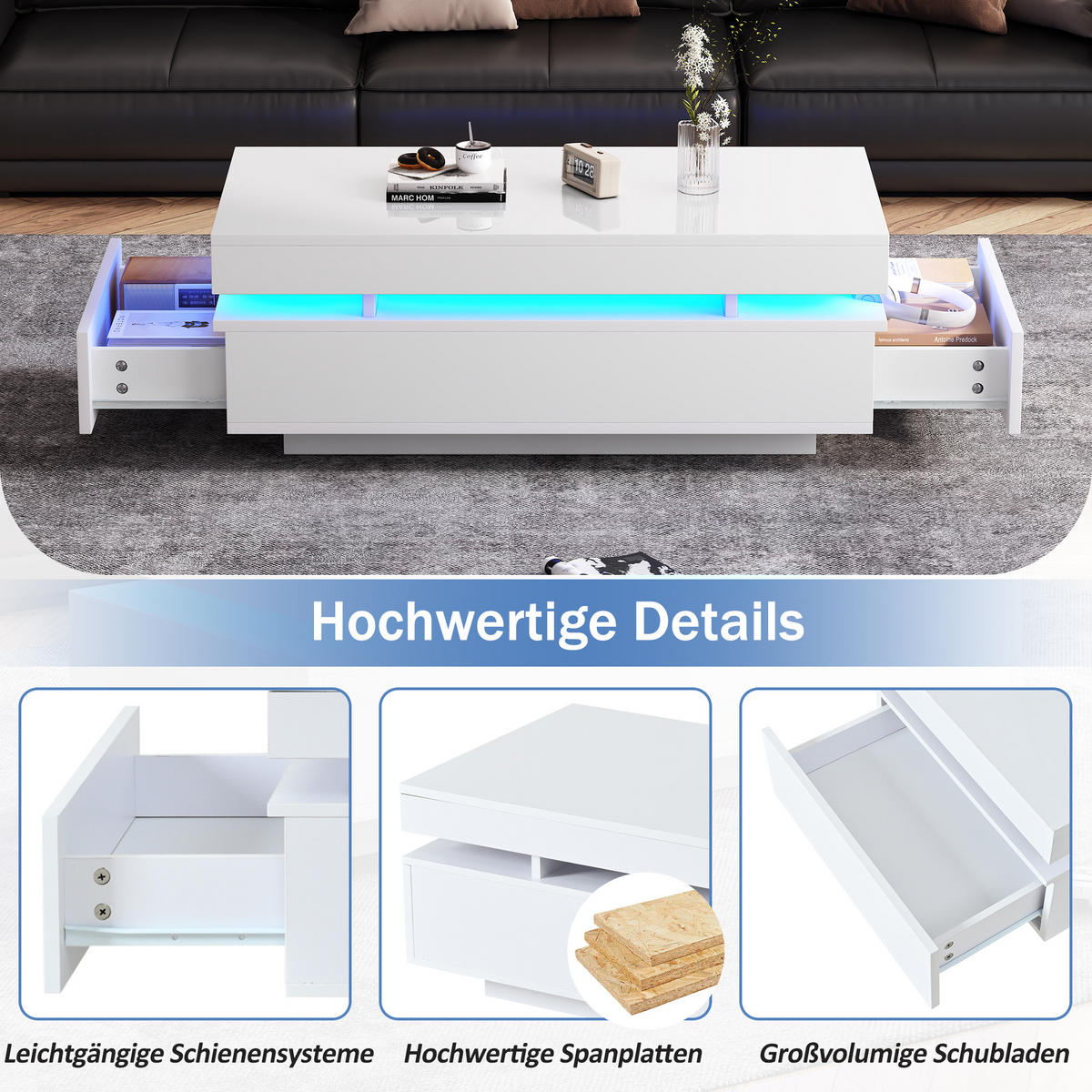 COUCHTISCH LED Weiß Hochglanz 2 Schubladen 100x50x35cm - Weiß, Holzwerkstoff (100/50/35cm) - FLIEKS
