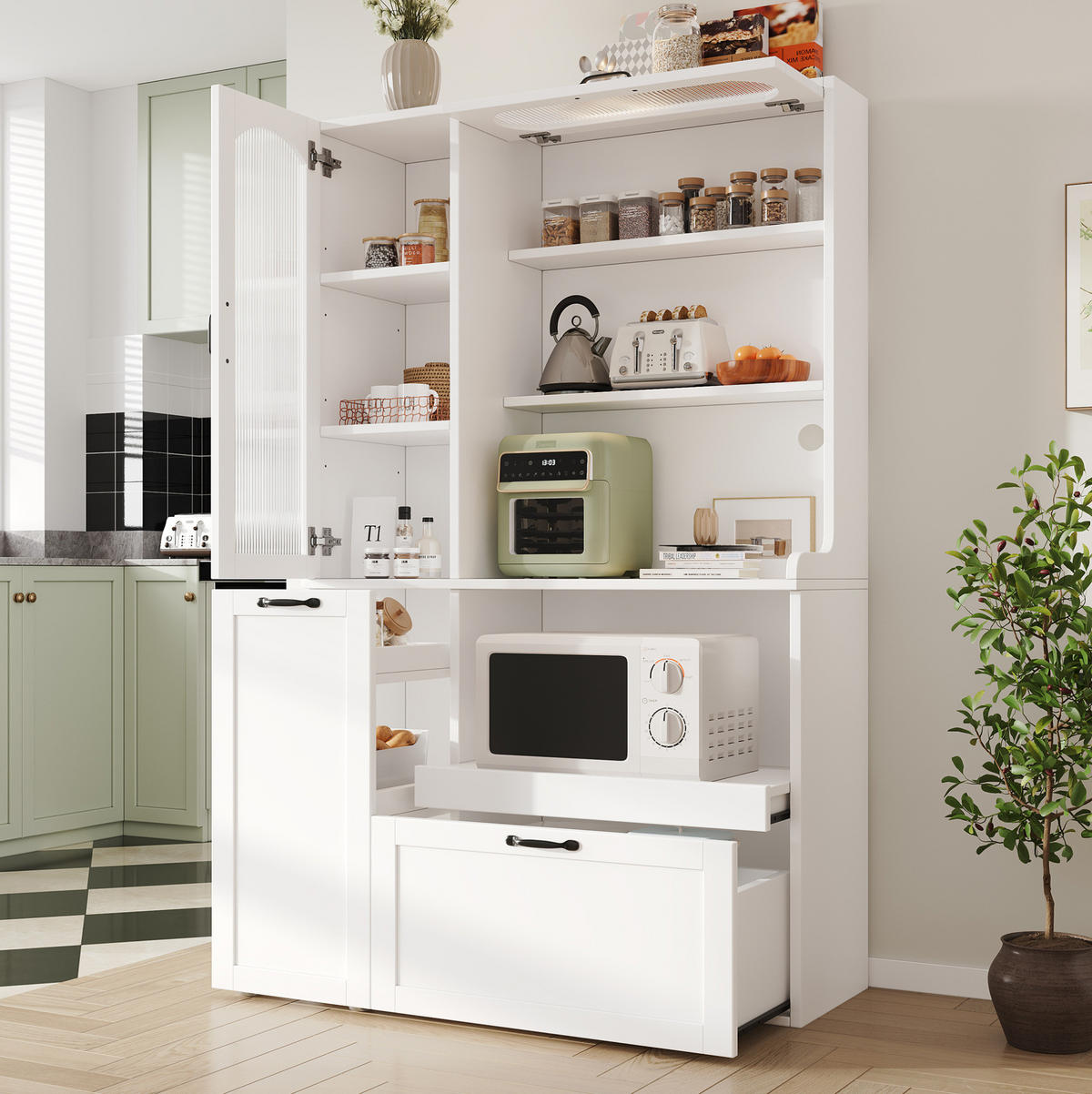 HIGHBOARD 98/40/177 cm mit Riffelglas, Schublade und offenen Fächern - Weiß, Holzwerkstoff (98/177/40cm) - BEAOK