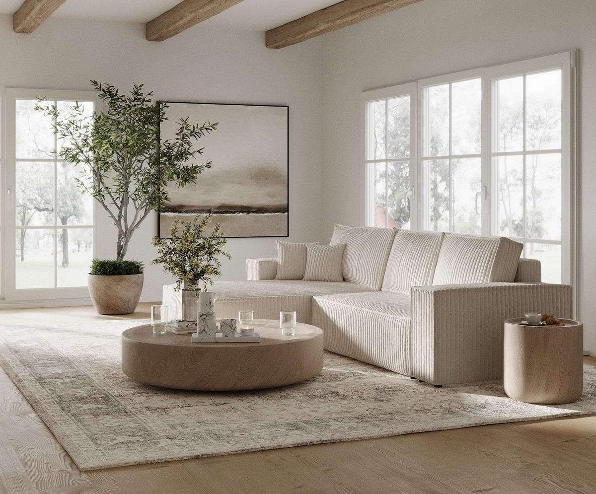 ECKSOFA Maze Creme Plüschstoff - Links Seite - Creme/Schwarz, Holz/Holzwerkstoff (185/294cm) - Maison de Reve