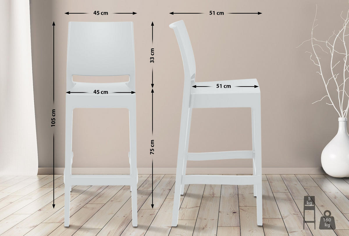 BARHOCKER 4er Set Kunststoff weiß - Weiß, Kunststoff (45/105/51cm) - CLP