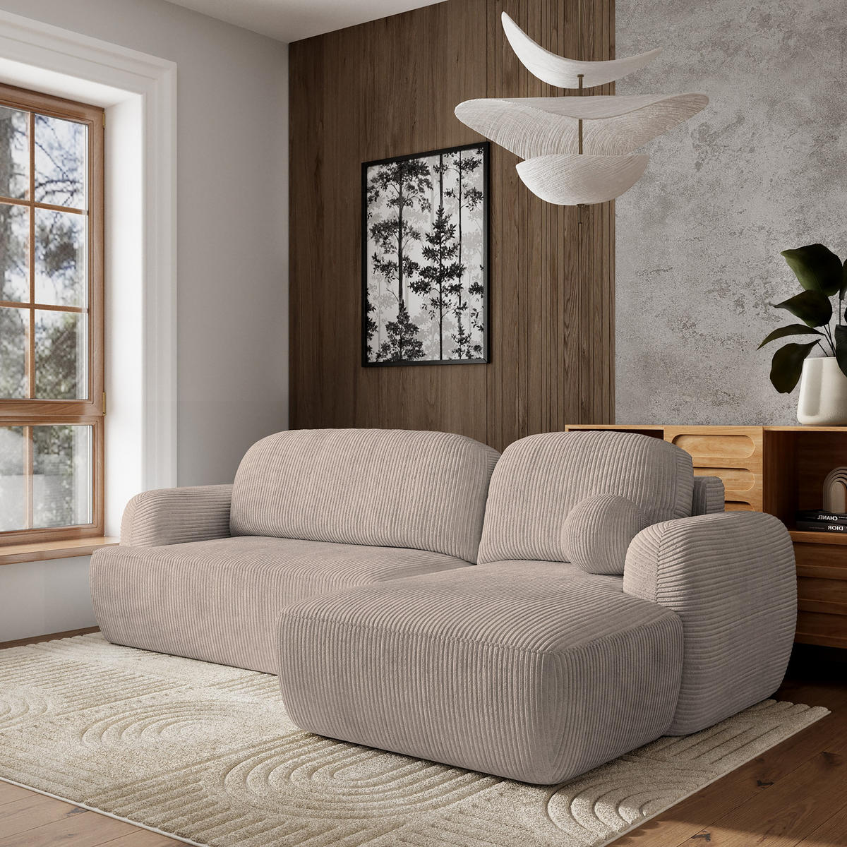 ECKSOFA MODENZA P R-S Beige Kordstoff mit Schlaffunktion - Beige, Holz (266/148cm) - MASSENO