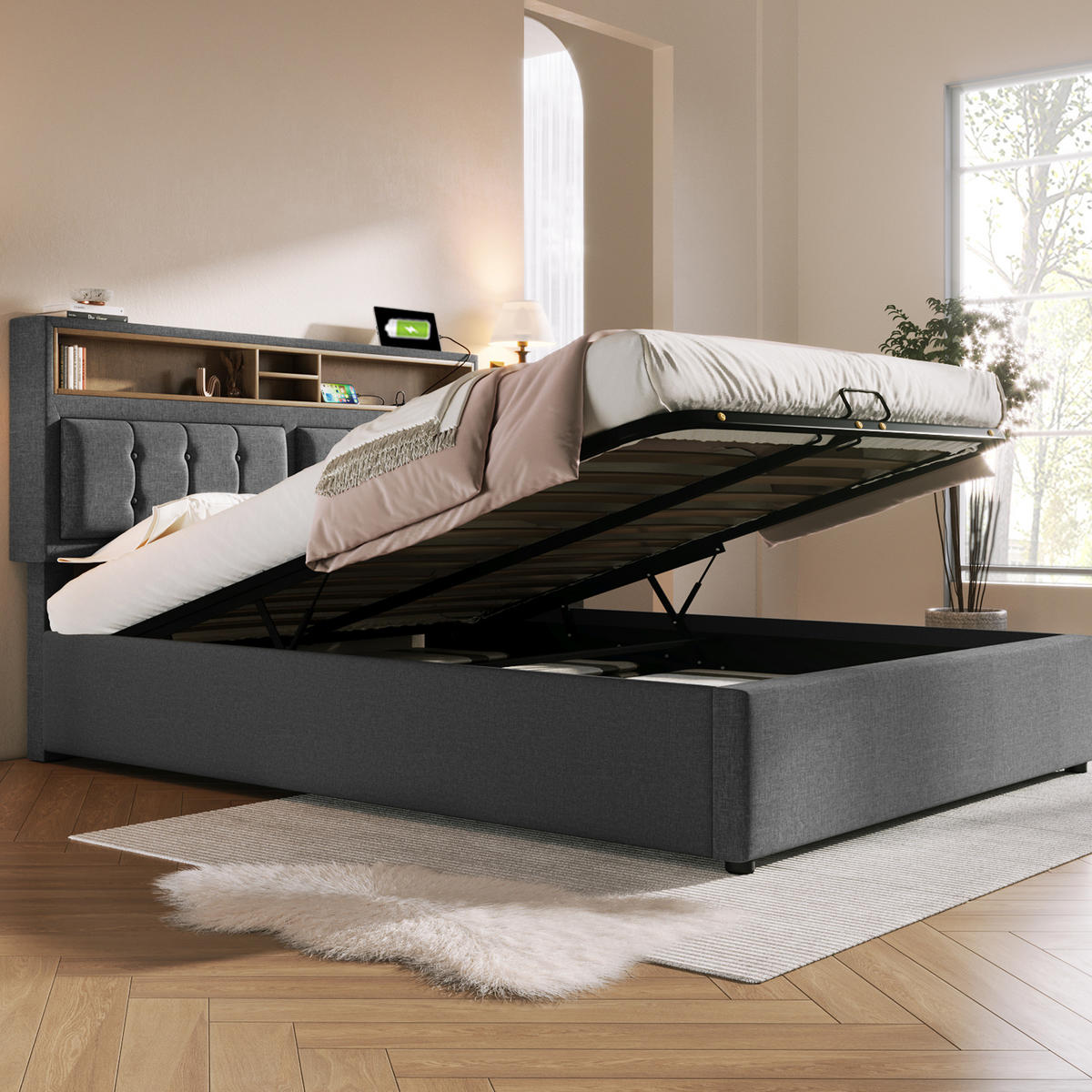 TAPECIRANI krevet 160/200 cm sivi od lana s madracem, spremištem i USB/Type-C priključcima - siva, tekstil (160/200cm) - OKWISH