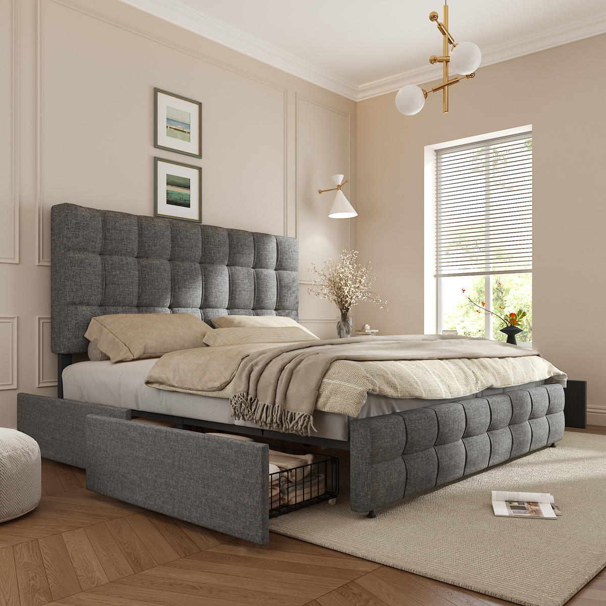POLSTERBETT 140x200 Grau Leinen 4 Schubladen - Grau, Naturmaterialen (140/200cm) - FLIEKS