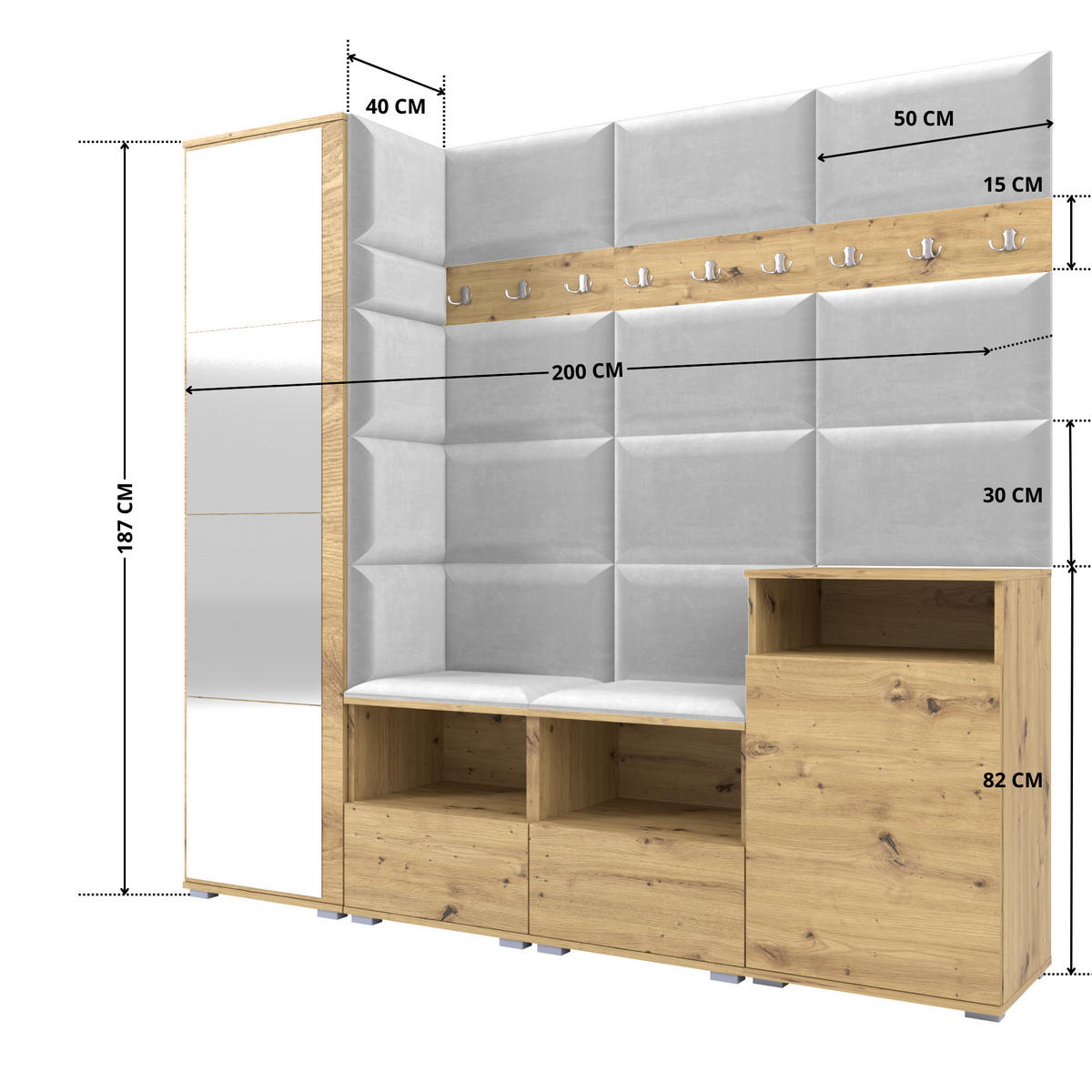 GARDEROBE NELA X 200 cm (Modulare Flurmöbel Artisan Eiche mit Spiegel & Sitzpolster Hellgrau 32 Schrank + Sideboard) - Silberfarben/Hellgrau, Holz/Holzwerkstoff (200/187/40cm) - Ravio