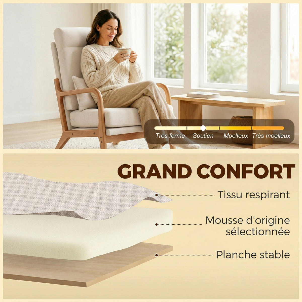 SESSEL DE-13363 hohe Rückenlehne & Lendenkissen Creme - Creme, Holz (64/93/86cm) - ComfortXL