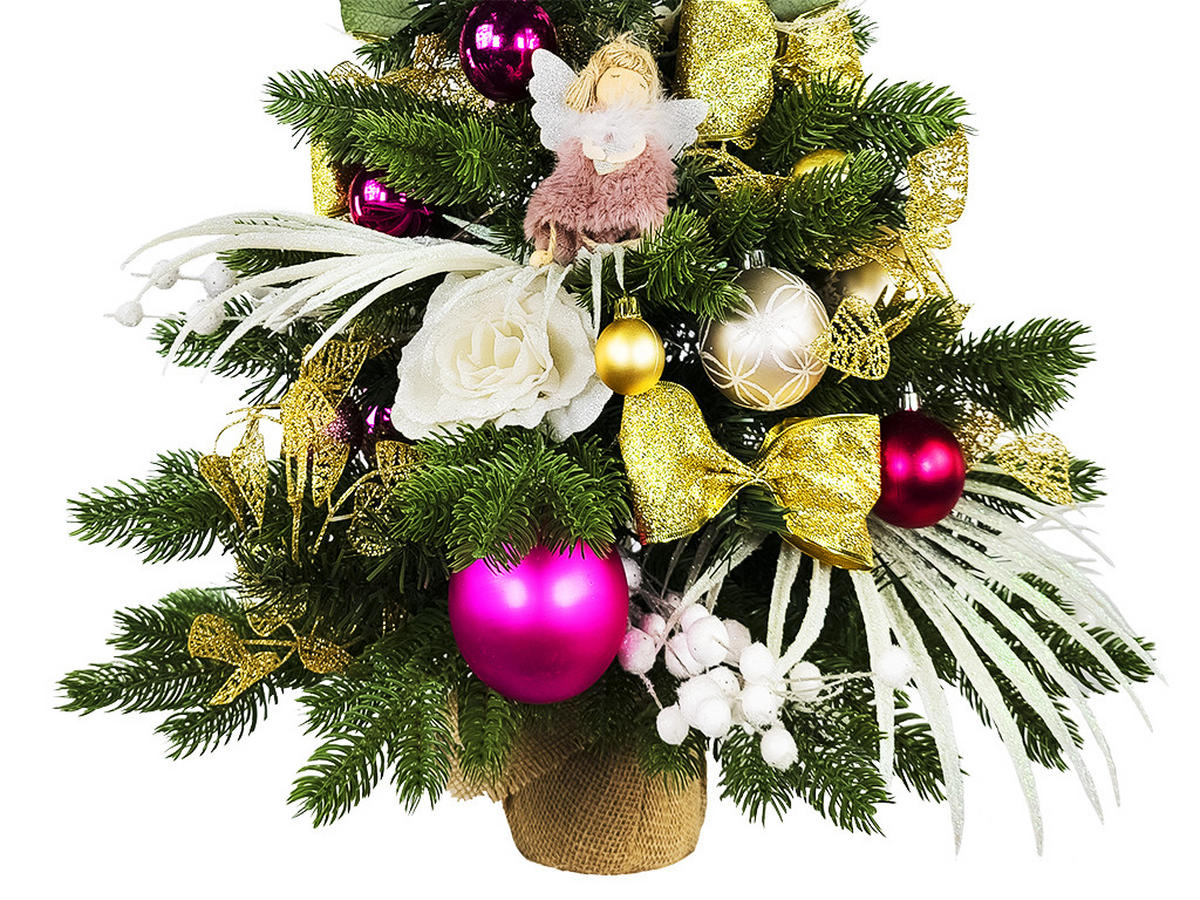 WEIHNACHTSBAUM künstlicher 60 cm mit LED-Beleuchtung, ROSENZAUBER II, mit 37 Weihnachtsbaumschmuck, Pflanztopf mit Jutesack - Pink/Goldfarben, Kunststoff/Stein (40/60cm) - LAALU
