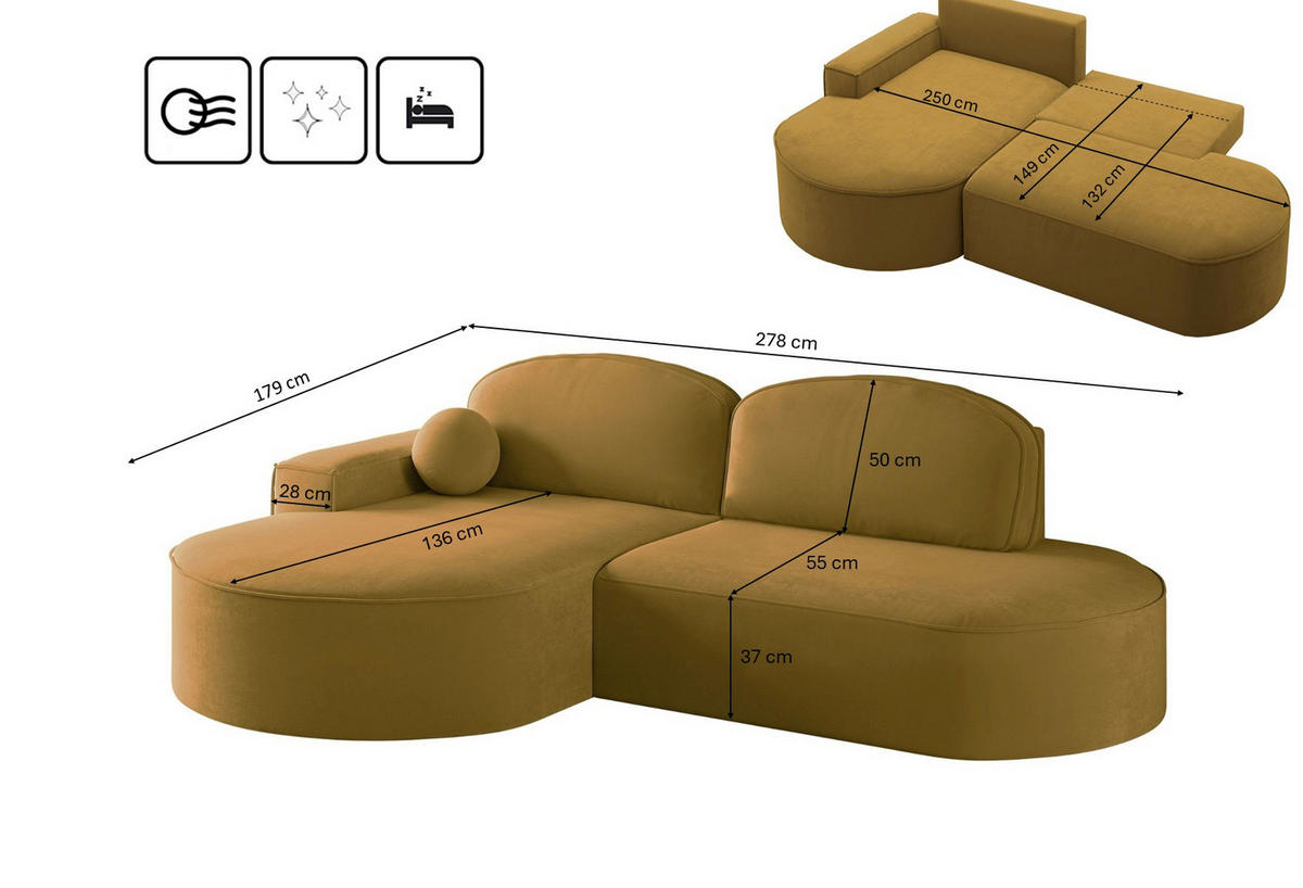 ECKSOFA mit Schlaffunktion und Bettkasten Modena Runden stoff Salvador Gelb Links - Gelb, Holz/Textil (179/278cm) - Kaiser Möbel