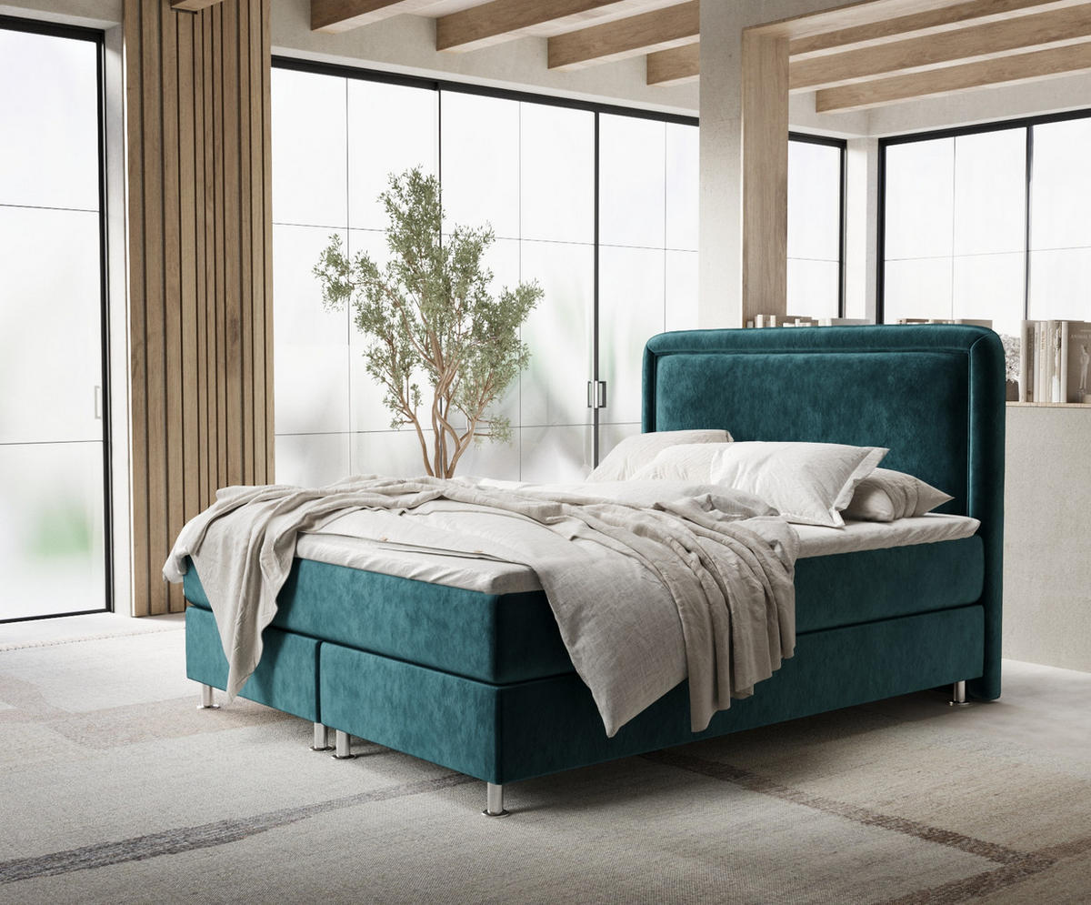 BOXBETT Salvi Türkisfarben 160/200 cm mit Matratze und Topper - Türkis/Silberfarben, Holz/Holzwerkstoff (160/200cm) - Maison de Reve