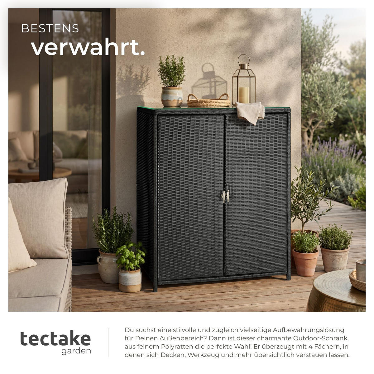 GARTENSCHRANK Monza, 84,5 x 40,5 x 103,5 cm, schwarz - Schwarz, Kunststoff (84.5/103.5/40.5cm) - tectake