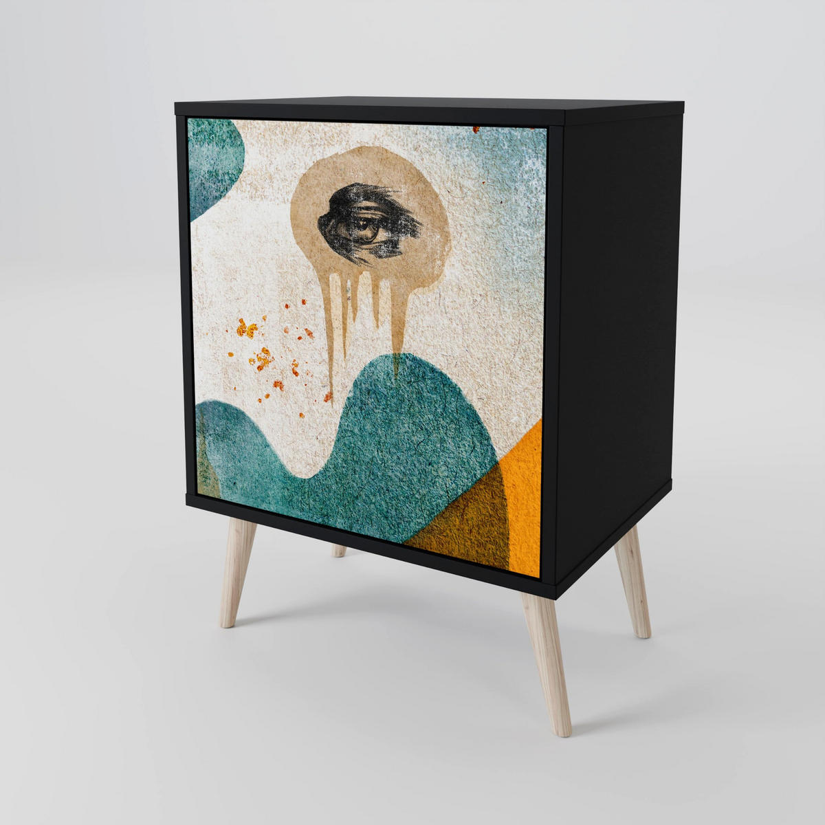 SIDEBOARD ABSTRACT FACES, Schwarz, 57,5x42x70,5 cm, Schwarze Metall-Sternfüße - Multicolor/Schwarz, Holzwerkstoff/Metall (57.5/70.5/42cm) - SpaceRebels