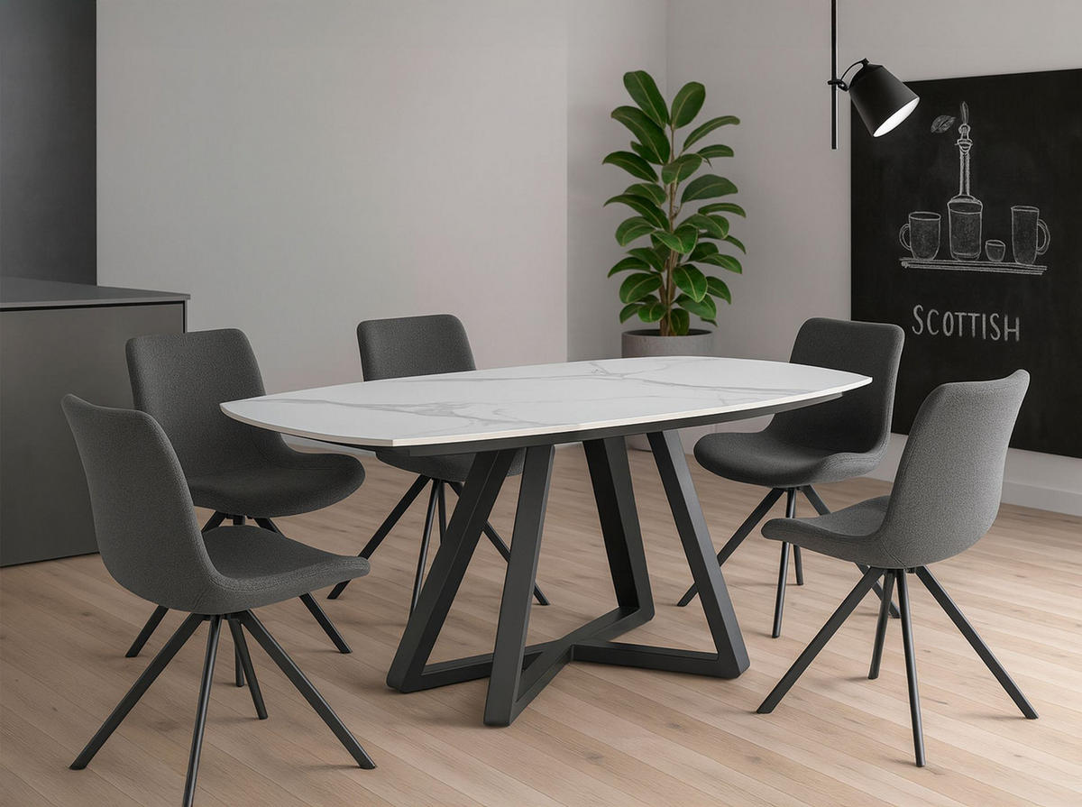 ESSTISCH Ausziehbarer Esstisch ovales Fass porzellanmarmor aus schwarzer Stahl Ø120/90/77 cm - Schwarz/Weiß, Stein (90/120/77cm) - ANGEL CERDA