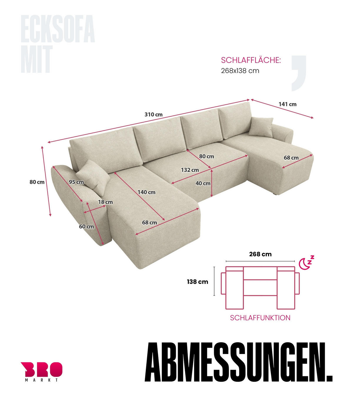 WOHLANDSCHAFT Rotterdam U mit Schlaffunktion Beige Bouclé - Grau, Textil (310/80/141cm) - Bromarkt