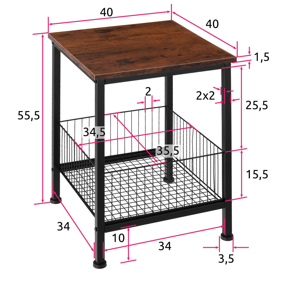 BEISTELLTISCH Grimsby,40 x 40 x 55,5 cm,Industrial Holz dunkel, rustikal - Rostfarben, Holzwerkstoff (40/40/55.5cm) - tectake
