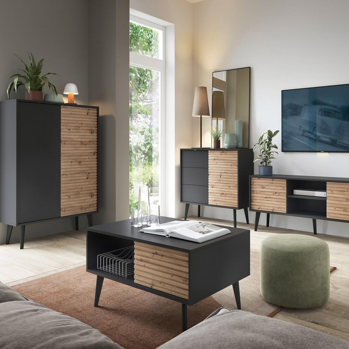 SIDEBOARD Willow Schwarz - Schwarz/Eiche Artisan, Holzwerkstoff (154/84/39cm) - Bettso