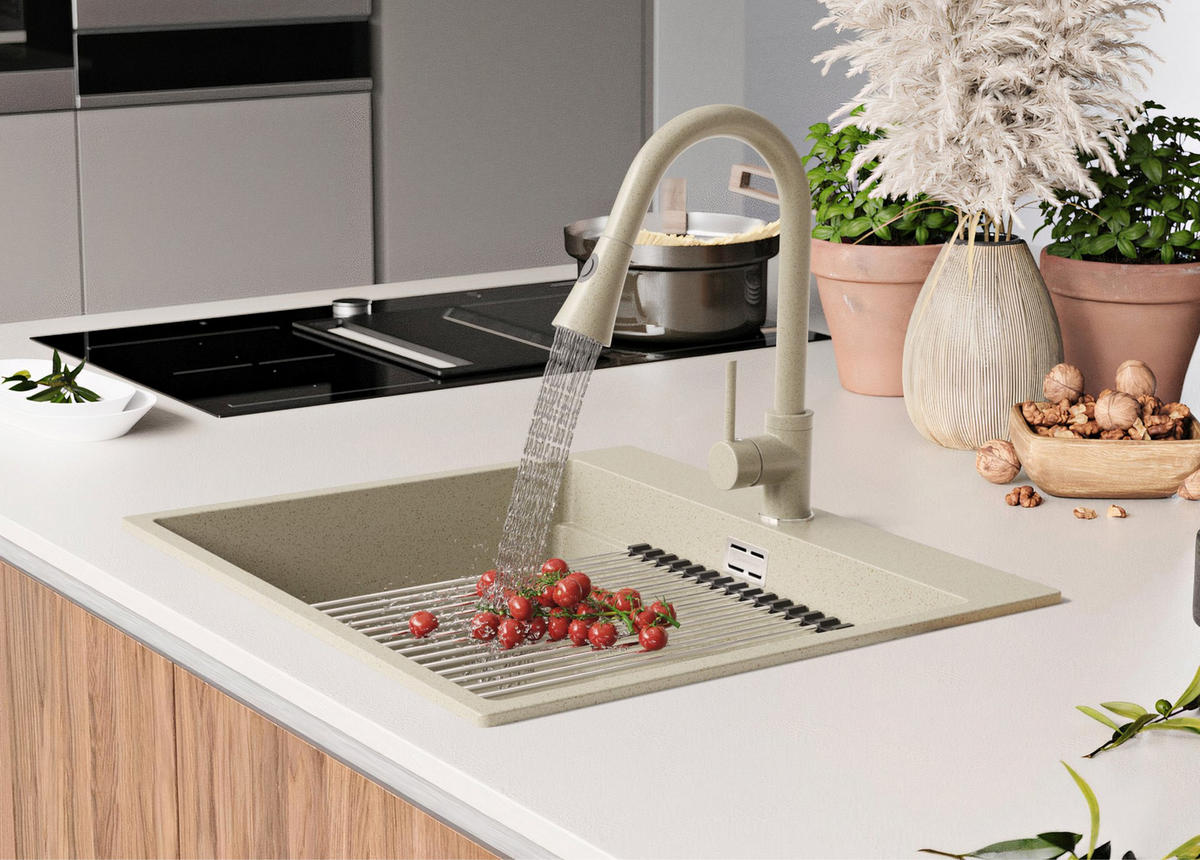 GRANITSPÜLE Oslo Max, 2-er set Beige 58/53 cm 1 Becken + Küchenarmatur 38/14 cm + Ablauf-Set + Aufrollbare Abtropffläche ab 60er Unterschrank - Chromfarben/Beige, Kunststoff (58/20/53cm) - Primagran