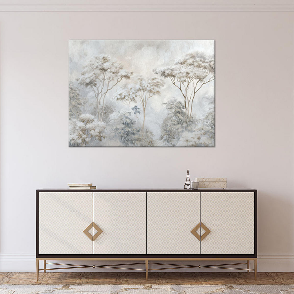 LEINWANDBILD, Eine neblige Waldlandschaft in Pastelltönen - Grau, Textil (90/60cm) - Feeby