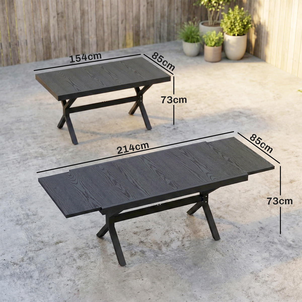 GARTENTISCH DE-14202 154-214 cm, Holzoptik Anthrazit - Dunkelgrau, Metall (214/85/73cm) - ComfortXL