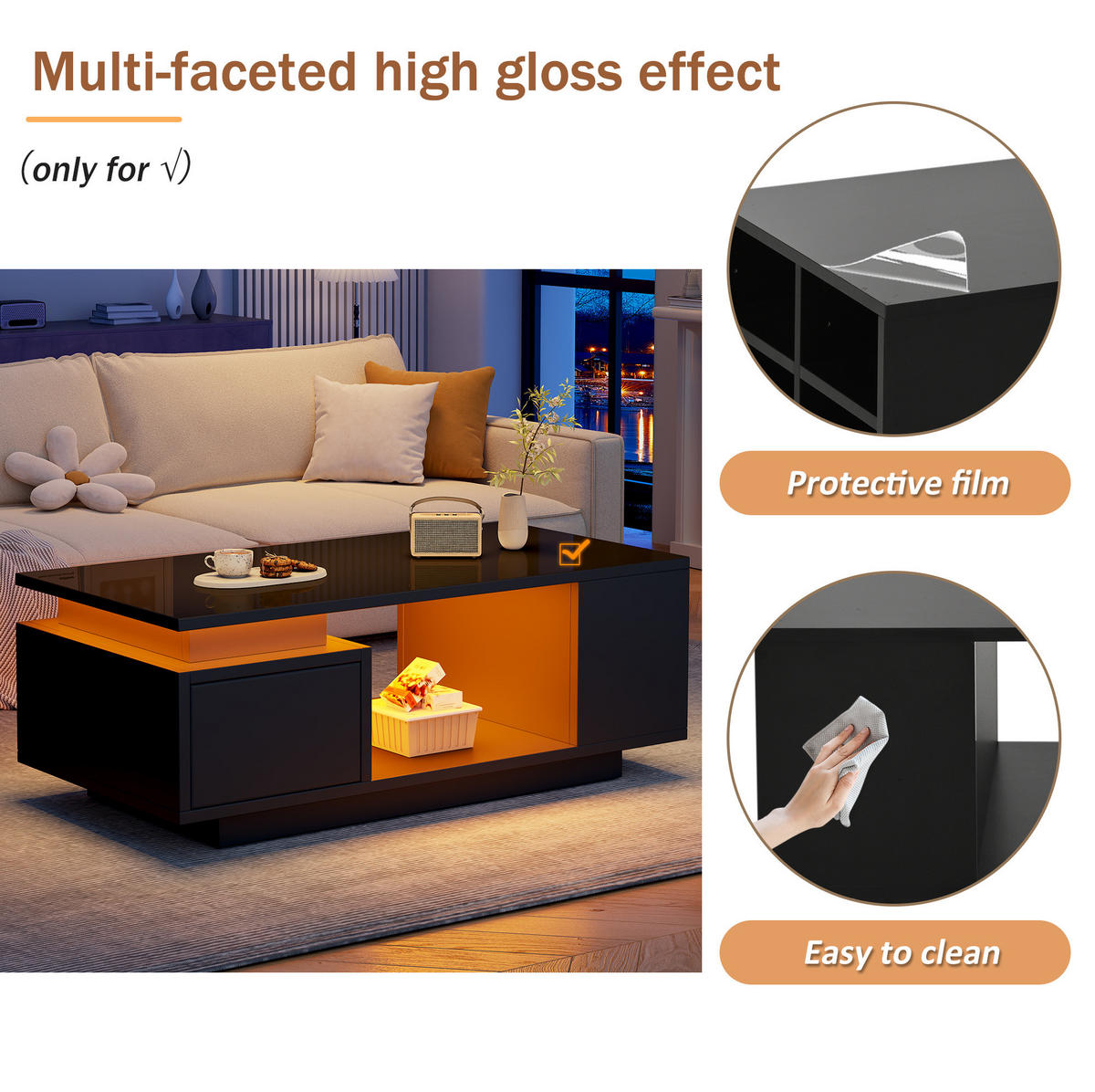 COUCHTISCH 100/50/36 cm schwarz aus Spanplatte mit LED-Beleuchtung - Schwarz, Holzwerkstoff (100/50/36cm) - OKMYHOME