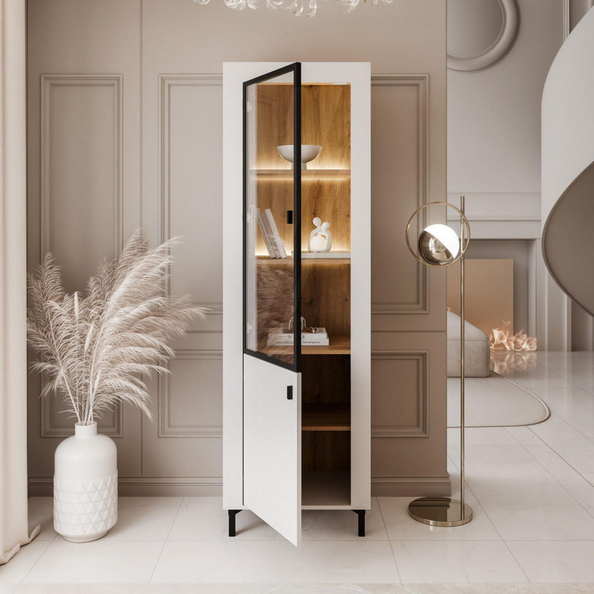 VITRINE AVENA mit LED-Beleuchtung, 60/40/194 cm Weiß / Eiche - Weiß, Holzwerkstoff/Kunststoff (60/194/40cm) - Idohome