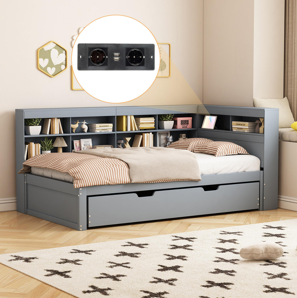 KREVET na izvlačenje od masivnog drva 90x200 cm siva s USB priključkom i spremištem - siva, drvni materijal (90/200cm) - Modfu