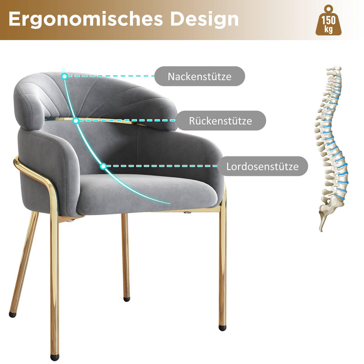 ESSZIMMERSTUHL Samt Grau Metallbeine - Grau, Textil (55/78/57cm) - FLIEKS