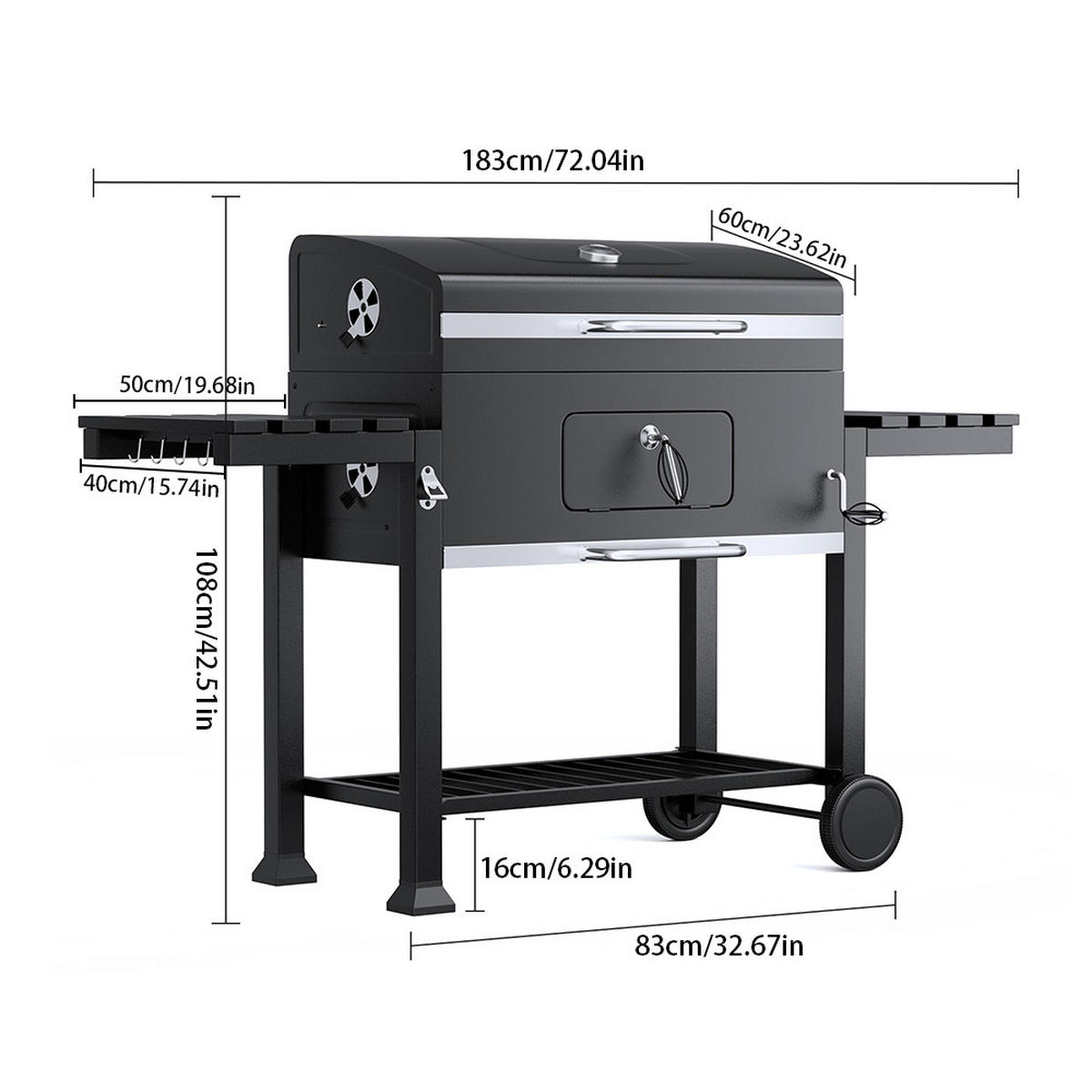 HOLZKOHLEGRILL aus Karbonstahl in Schwarz Tragbarer für den Außenbereich mit Seitenablagen 183 cm B x 40 cm T x 108 cm H - Schwarz, Metall (183/108/40cm) - Livingandhome