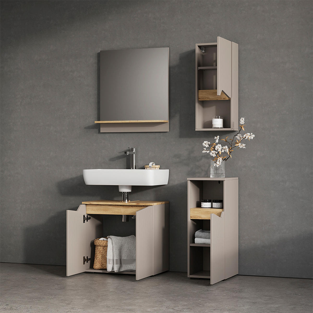 BADSCHRANK Timavo Greige 30 x 67 cm mit Tür und offenem Fach - Greige, Holzwerkstoff (30/67/17cm) - Livinity®