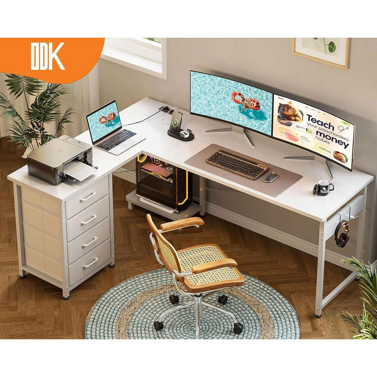 ECKSCHREIBTISCH mit Steckdose und USB 155 x 110 cm Weiß - Weiß, Metall (110/155/76cm)