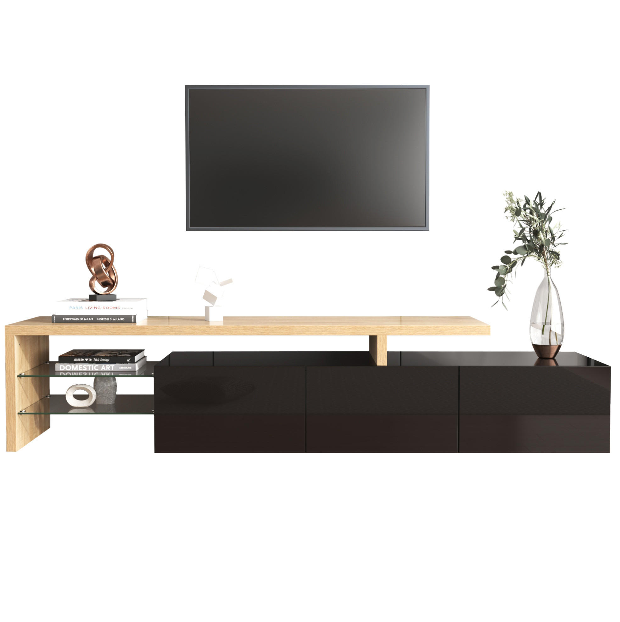Modfu TV stolek z MDF a skla 197,5x39x42 cm přírodní/černá s LED osvětlením, 3 skříňkami a skleněnými policemi