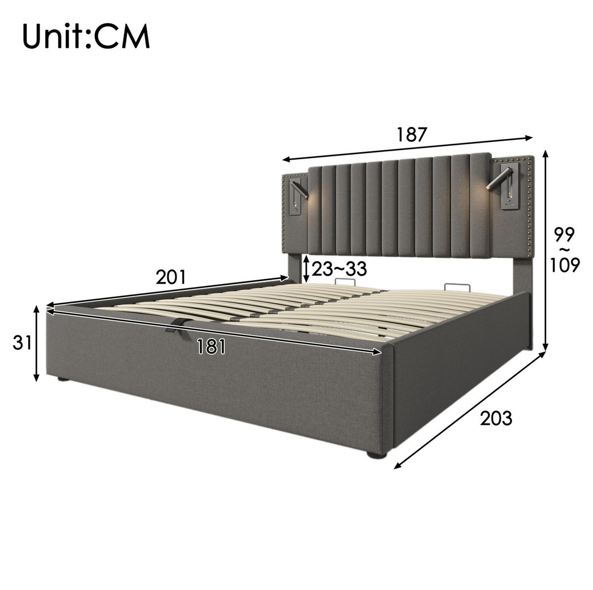 POLSTERBETT 180/200 cm mit USB- und Type-C-Anschlüssen, Leselicht und Bettkasten, Baumwolle, Grau - Grau, Textil (180/200cm) - Redom