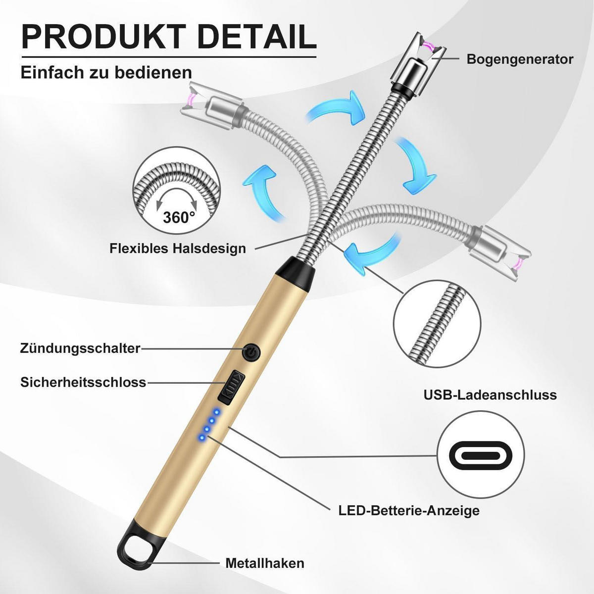 STABFEUERZEUG mit flexiblem Hals USB wiederaufladbar Gold - Goldfarben, Metall (1/1.2/25cm)