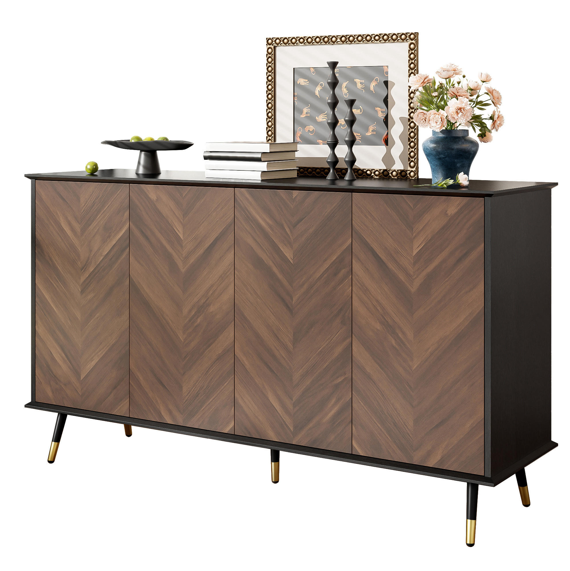 SIDEBOARD 140/40/80 cm in Schwarz/Braun mit 4 Türen und verstellbaren Regalen - Schwarz, Holzwerkstoff (140/80/40cm) - Flora Grace