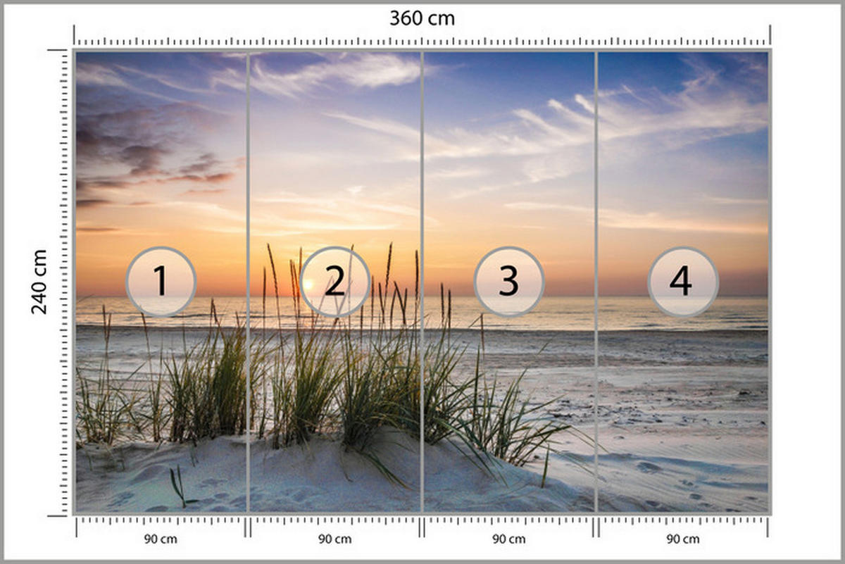 FOTOTAPETE Meer STRAND Dünen Sonnenuntergang Landschaft 3D 360x240cm - Blau/Beige, Papier (360/240cm) - Muralo